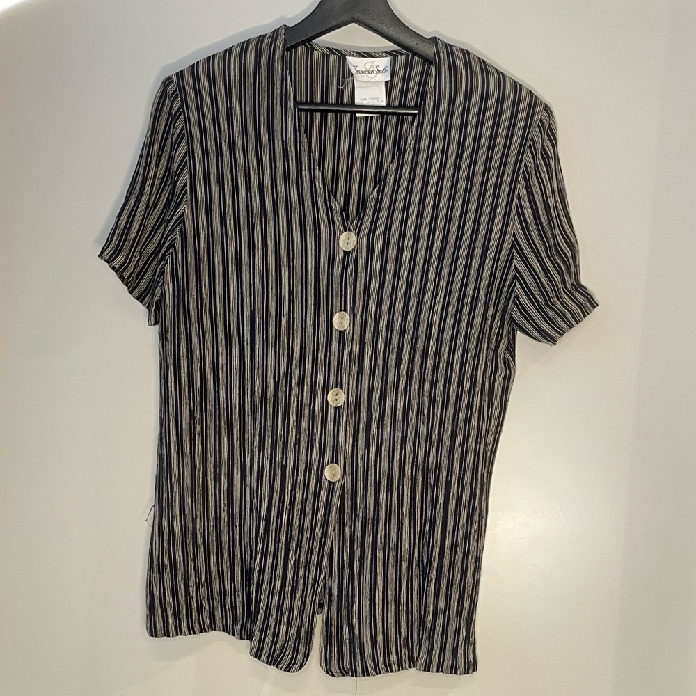 Vintage Black and Tan Striped Jessica Scott Short Sleeve Blouse